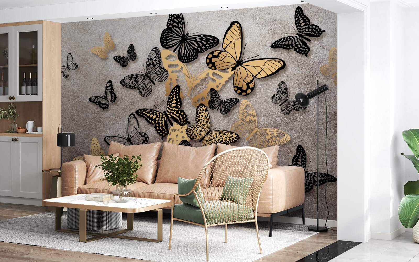 Fotobehang gouden en zwarte vlinders vliegen de lucht in