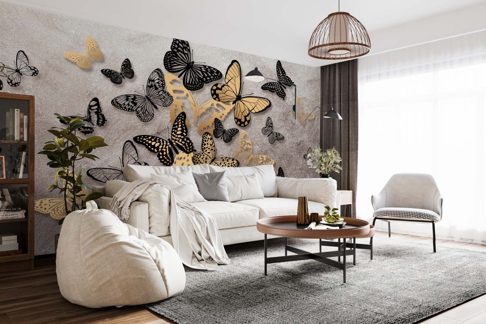 Fotobehang gouden en zwarte vlinders vliegen de lucht in