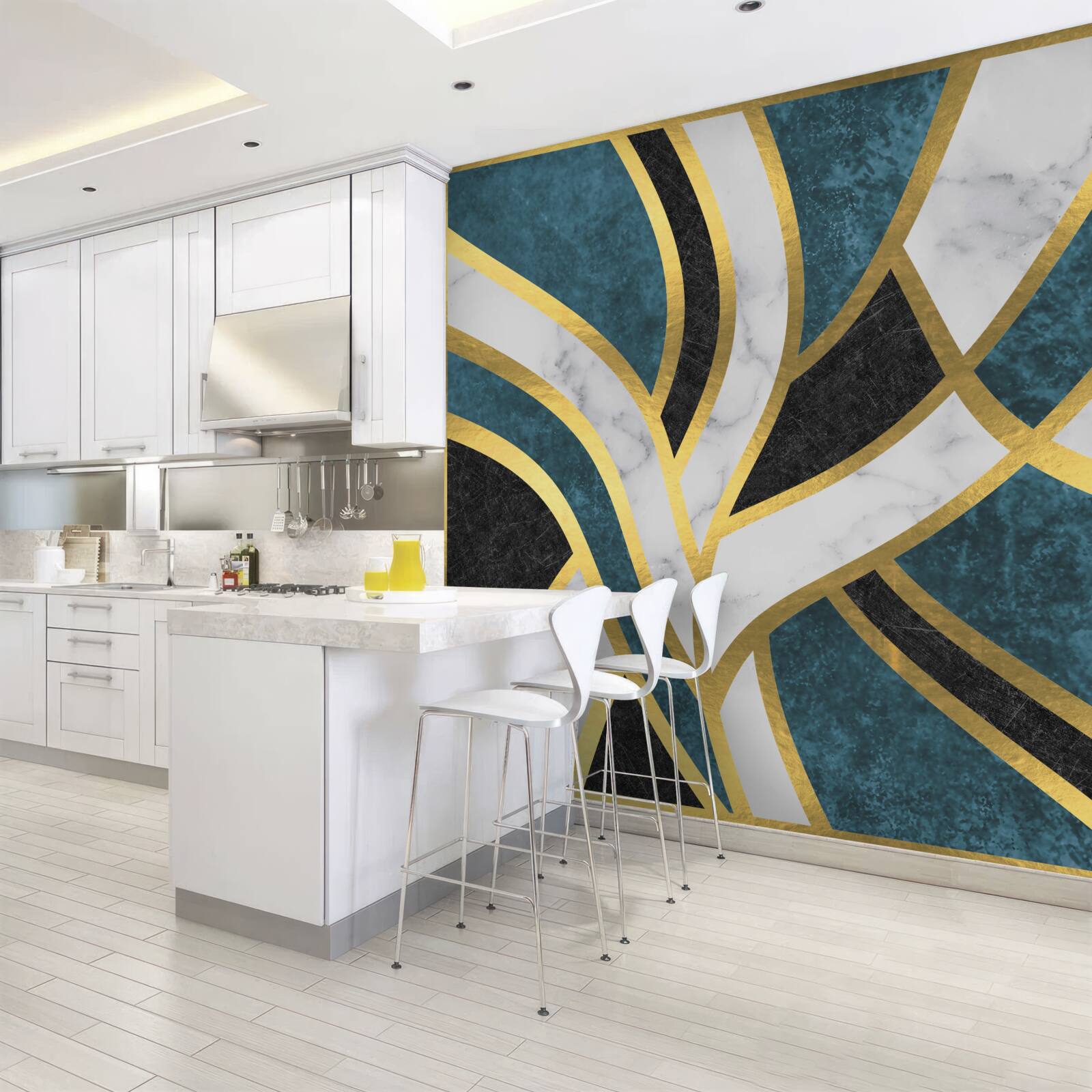 Fotobehang gouden, vloeiend omlijnde figuren die samenkomen in het midden van de