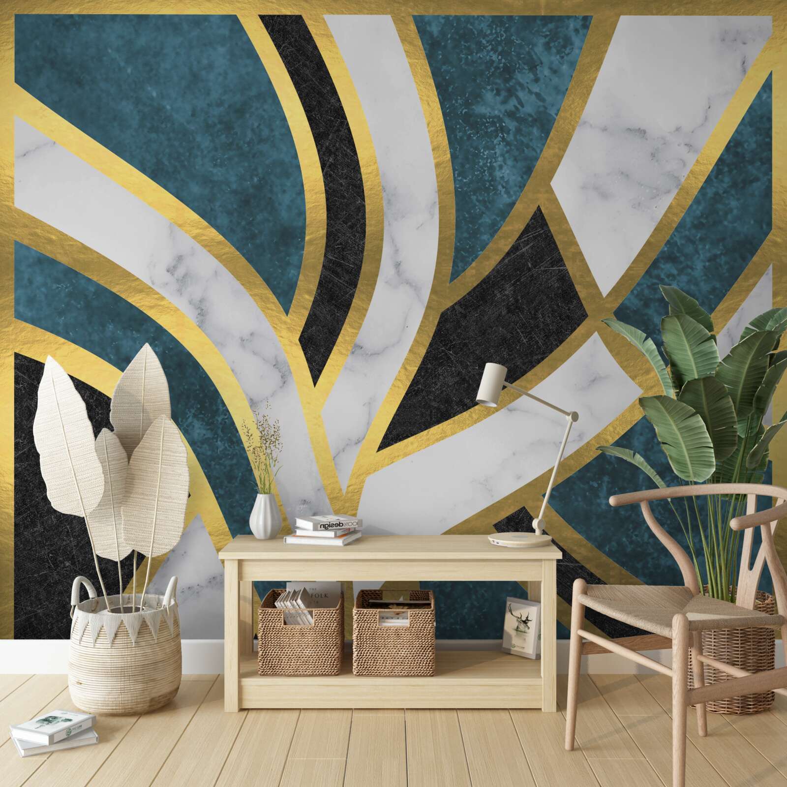 Fotobehang gouden, vloeiend omlijnde figuren die samenkomen in het midden van de