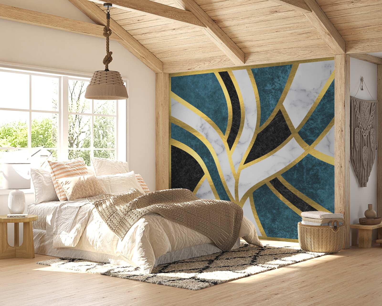 Fotobehang gouden, vloeiend omlijnde figuren die samenkomen in het midden van de