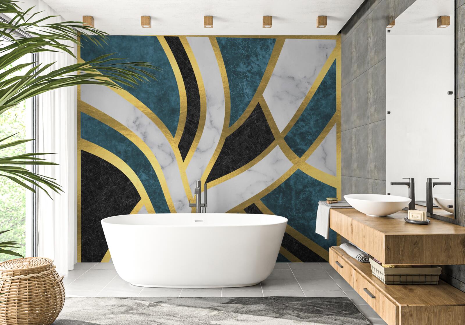 Fotobehang gouden, vloeiend omlijnde figuren die samenkomen in het midden van de