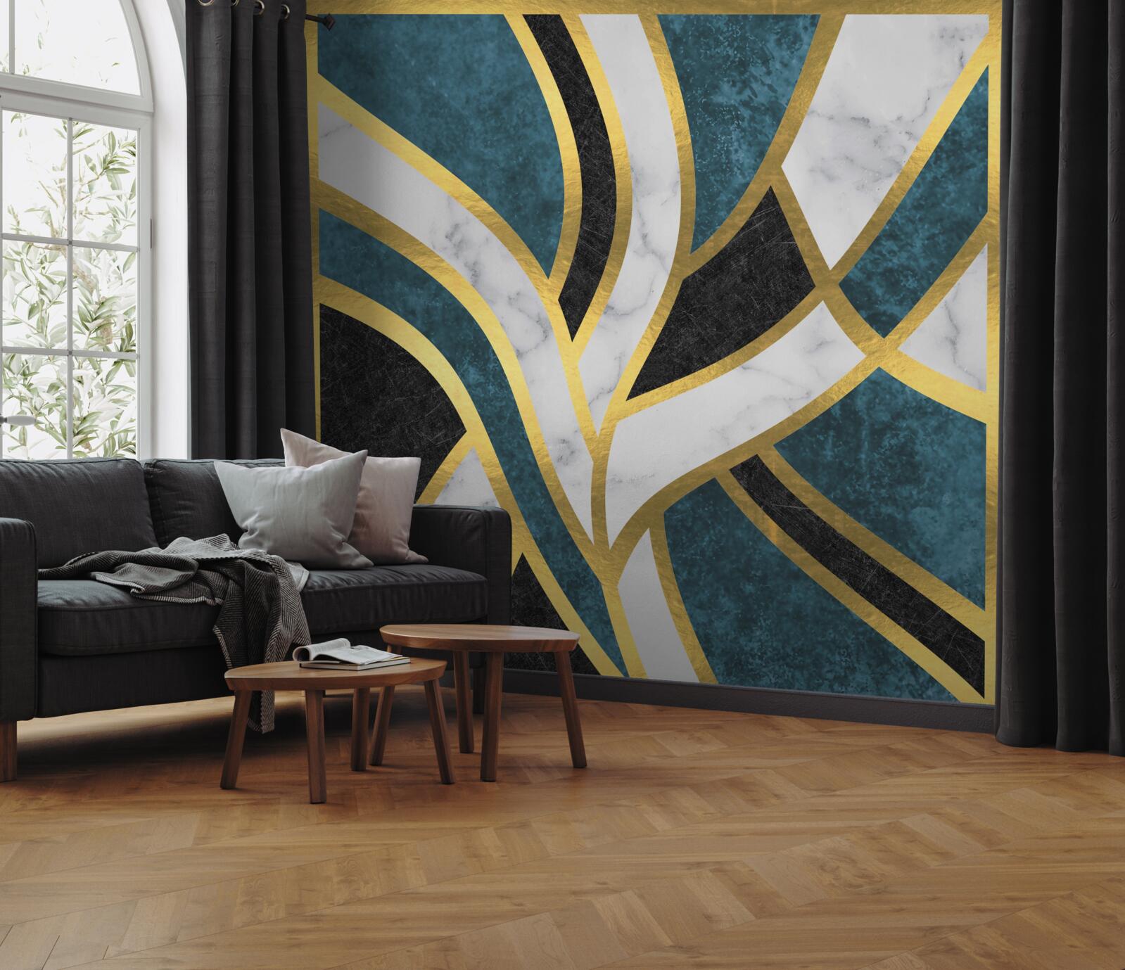 Fotobehang gouden, vloeiend omlijnde figuren die samenkomen in het midden van de