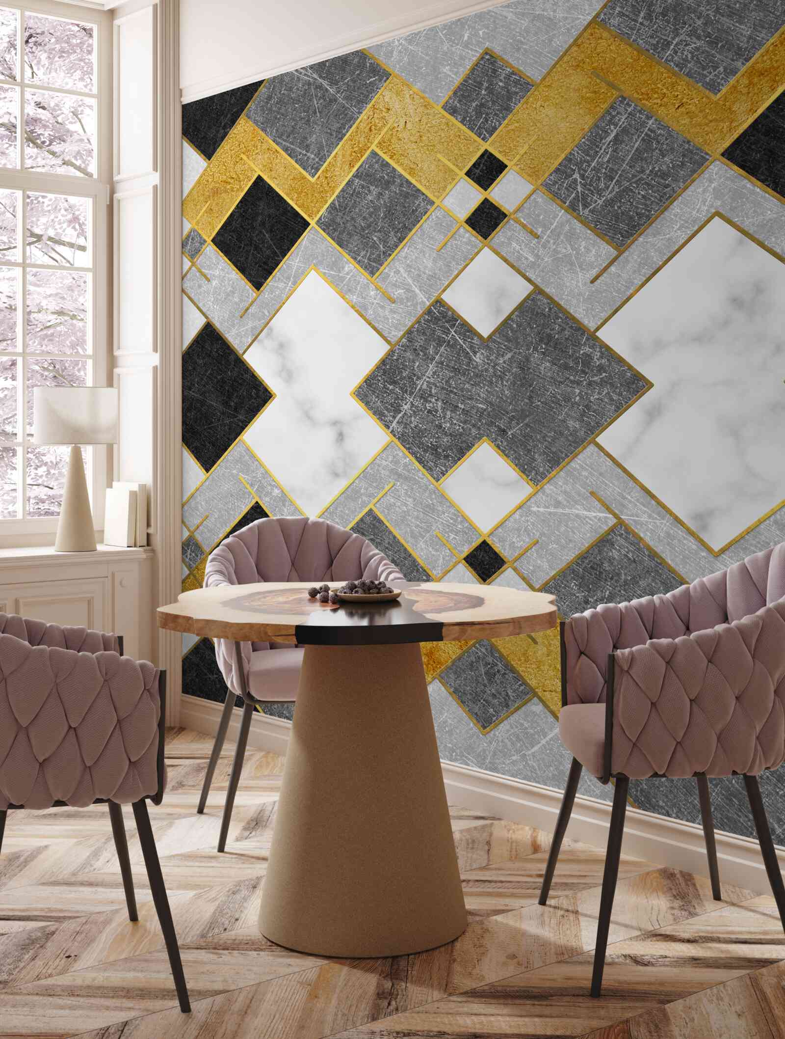 Fotobehang vierkantjes van verschillende kleuren weerspiegeld in een spiegel