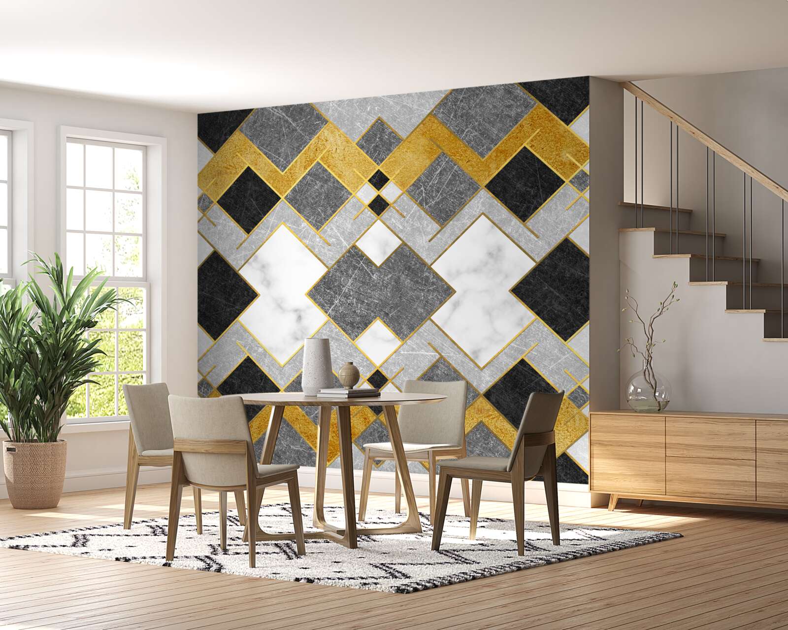 Fotobehang vierkantjes van verschillende kleuren weerspiegeld in een spiegel