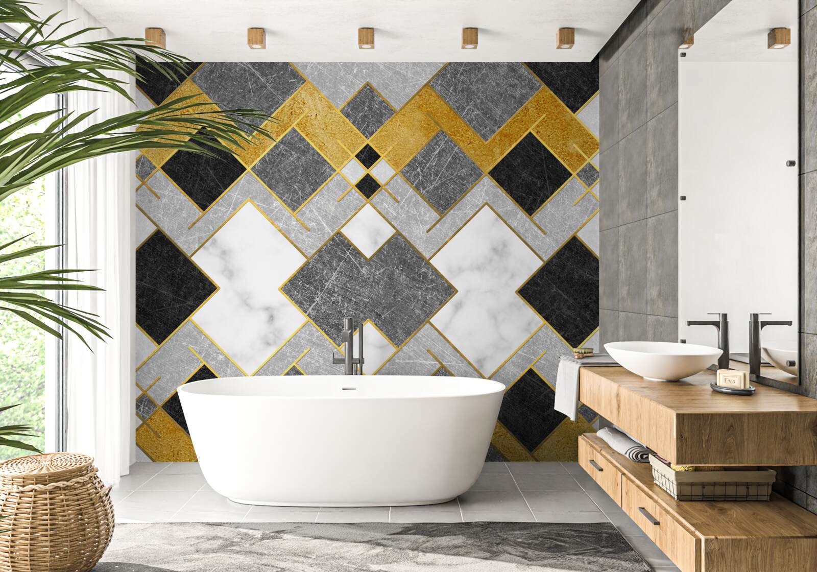 Fotobehang vierkantjes van verschillende kleuren weerspiegeld in een spiegel