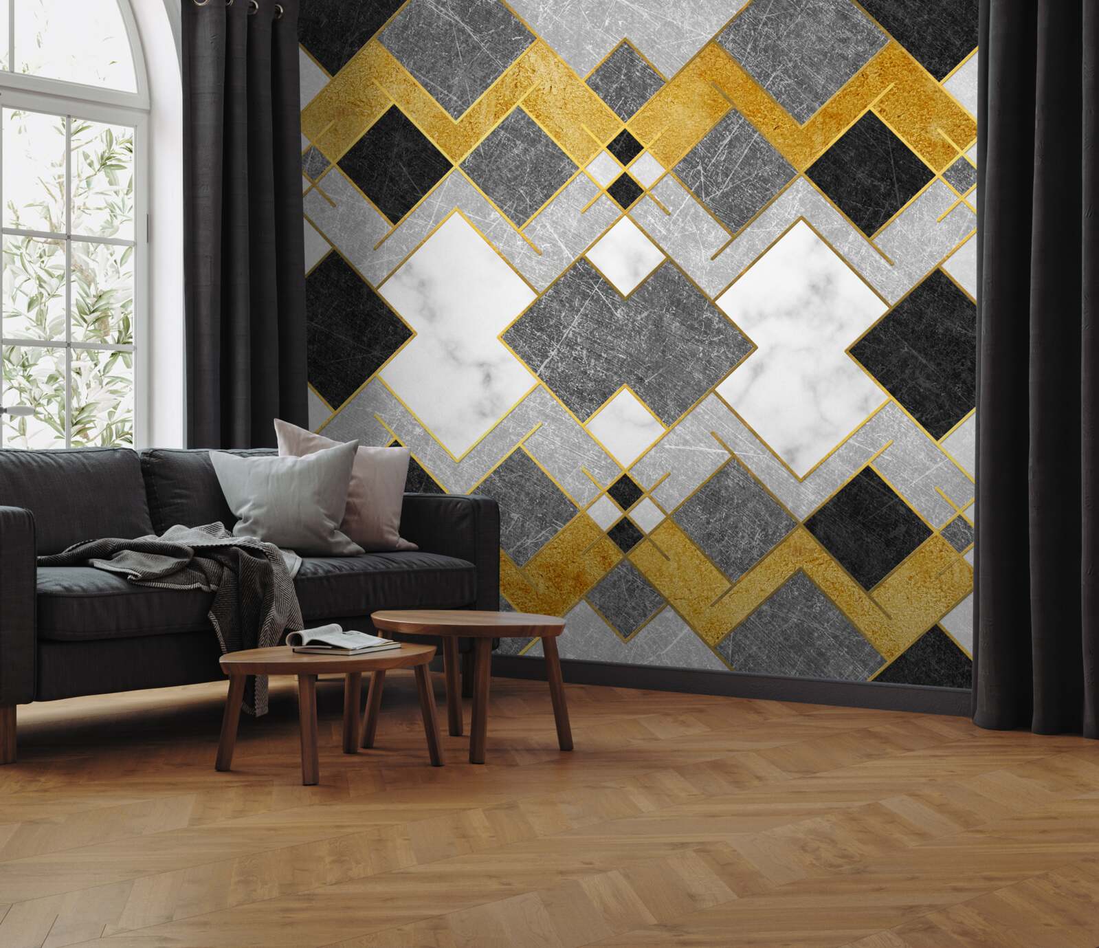 Fotobehang vierkantjes van verschillende kleuren weerspiegeld in een spiegel