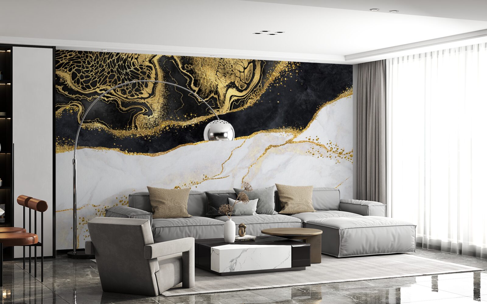 Fotobehang zwarte golven omringen de zanderige kustlijn