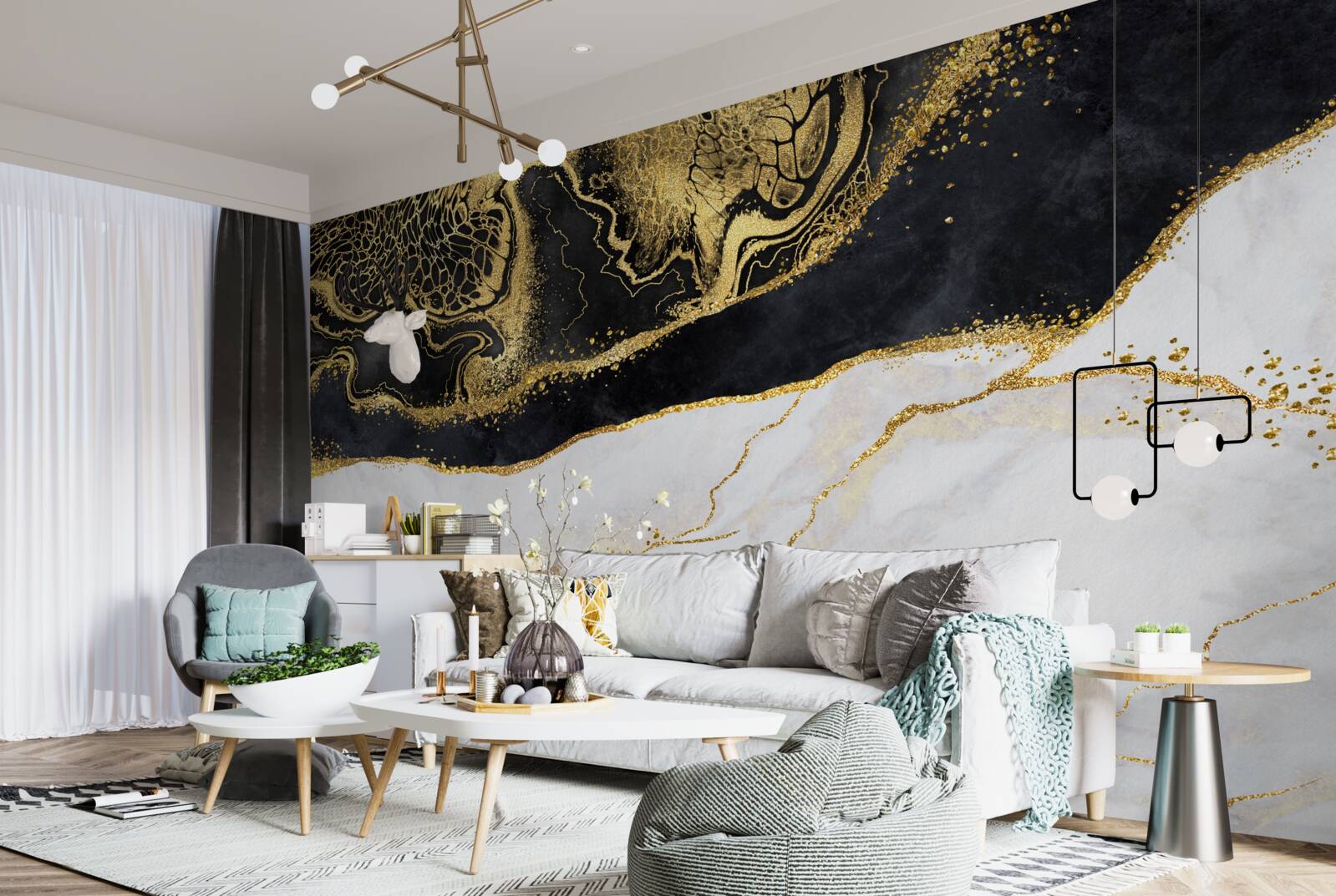 Fotobehang zwarte golven omringen de zanderige kustlijn