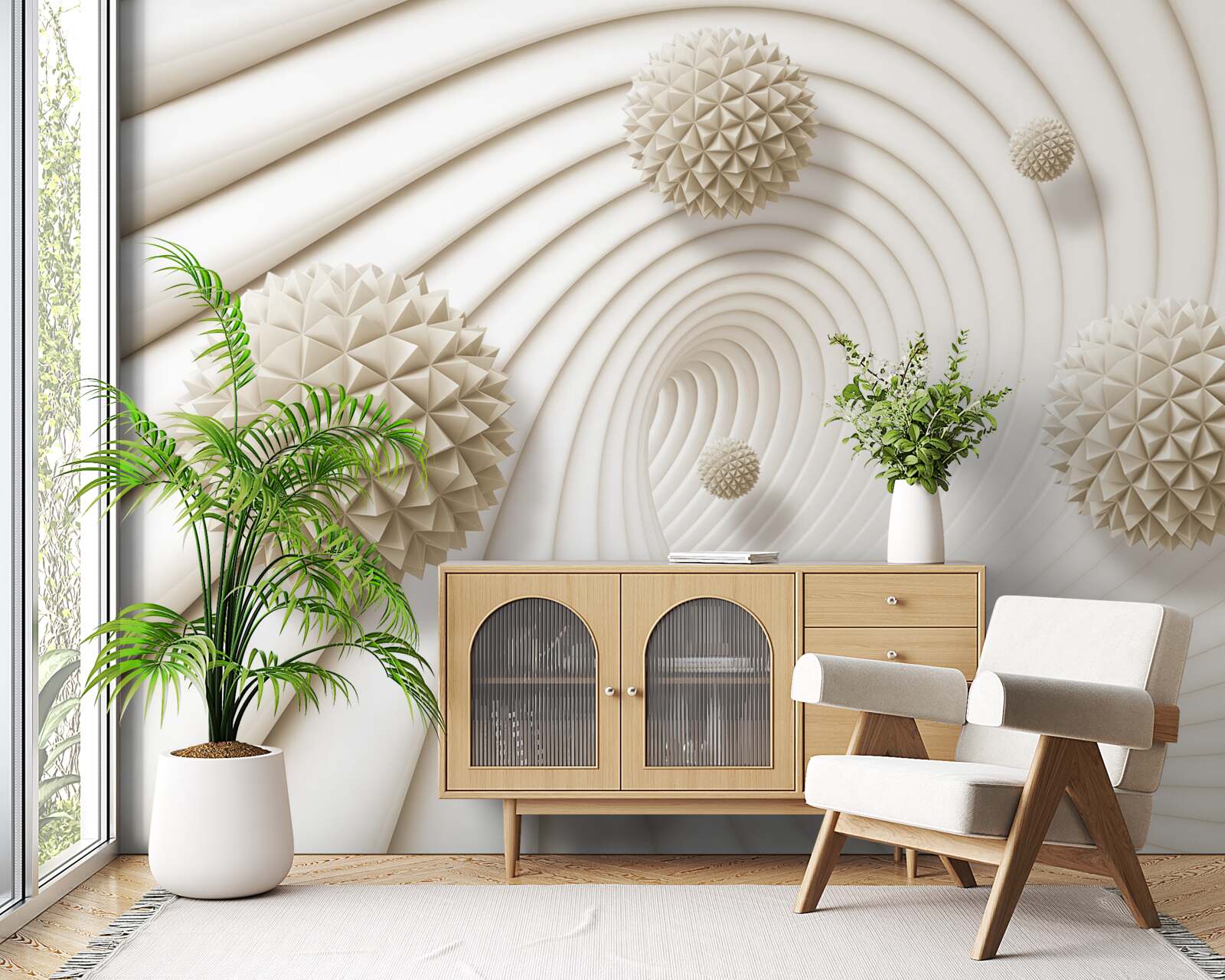 Fotobehang heldere spaakvormige ballen in de werveling