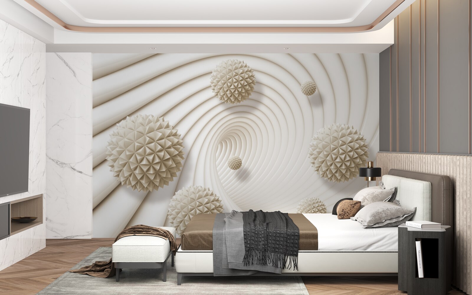 Fotobehang heldere spaakvormige ballen in de werveling