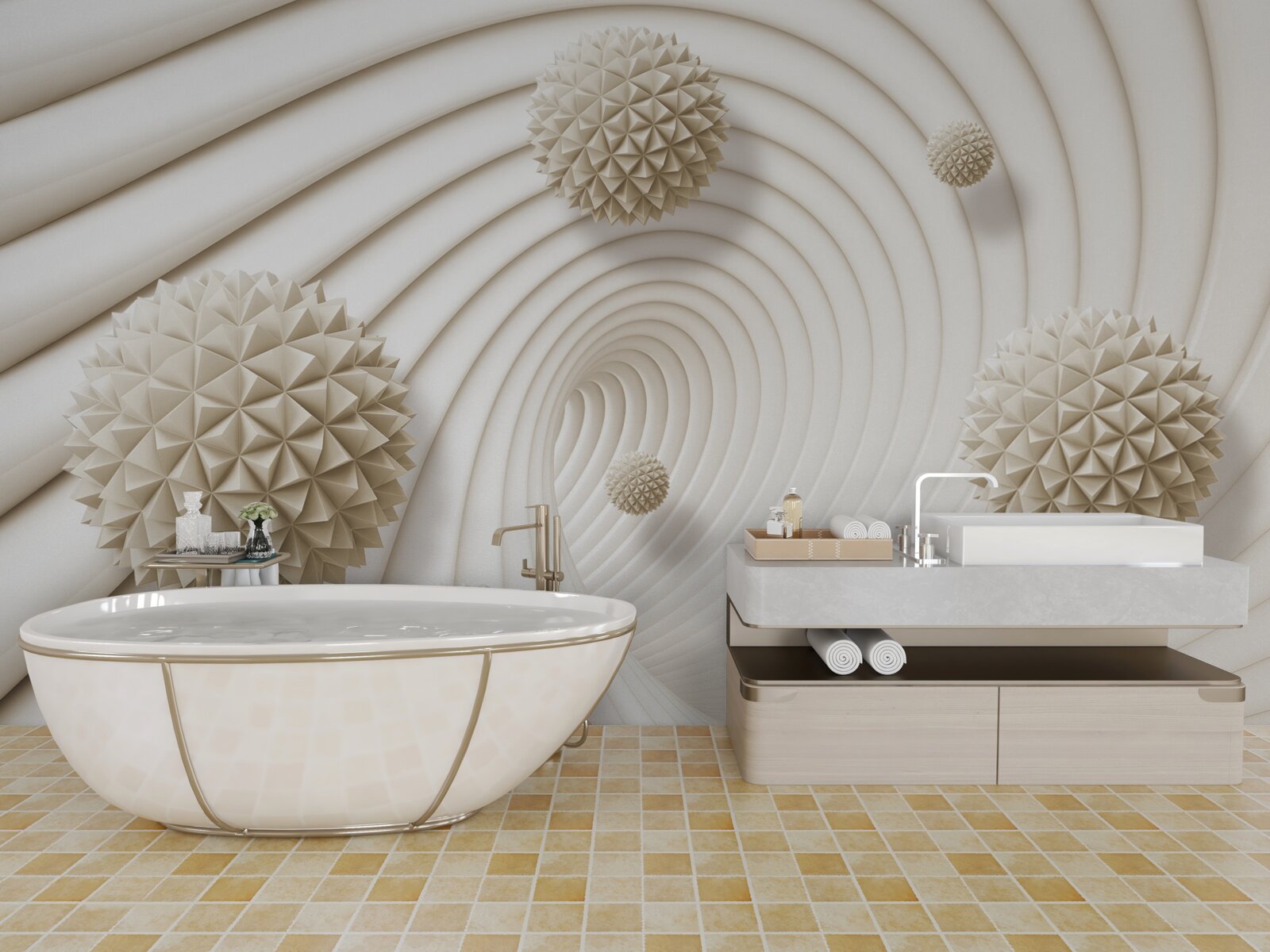 Fotobehang heldere spaakvormige ballen in de werveling