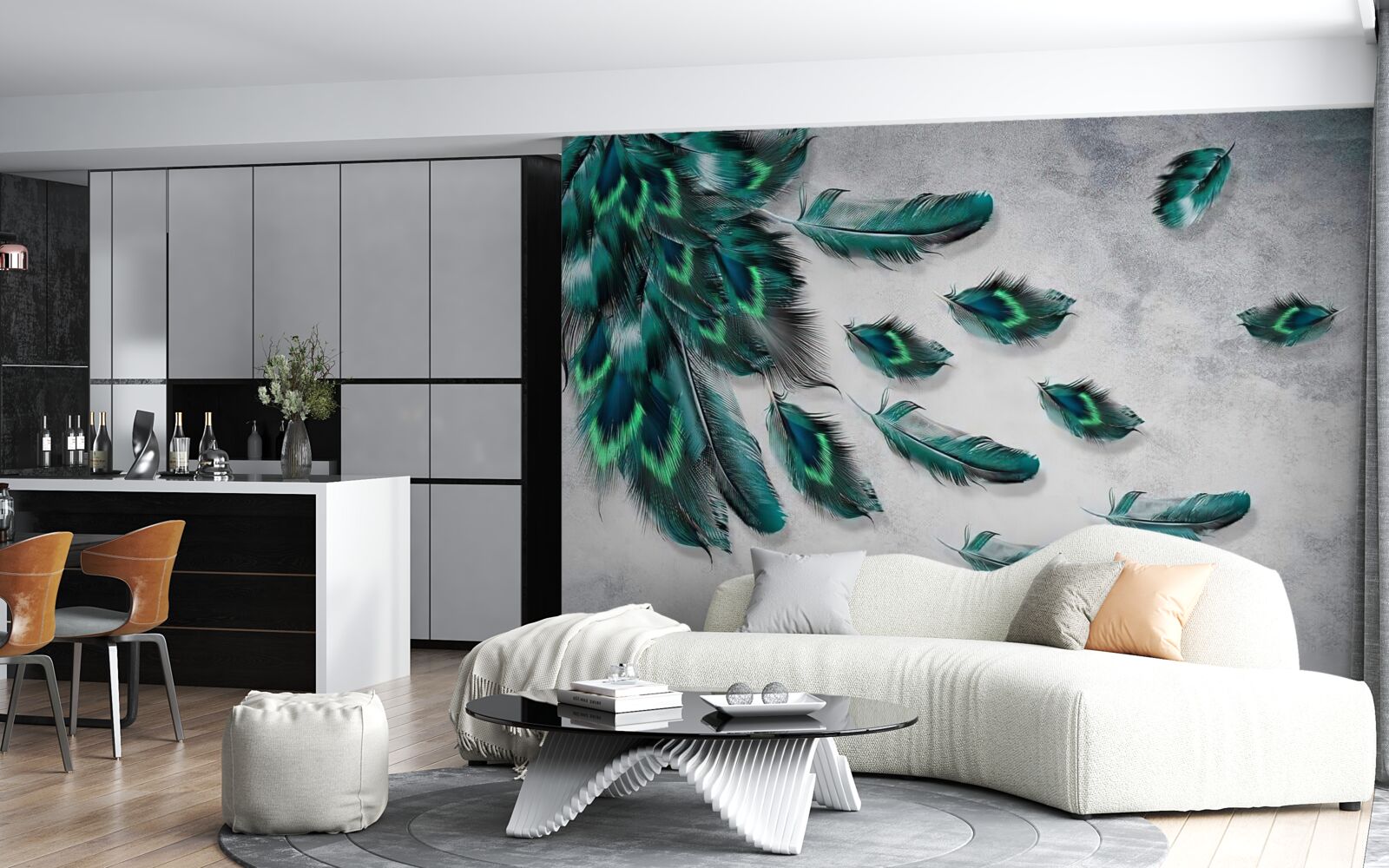 Fotobehang het water is bedekt met neerdalende smaragdgroene pauwenveren