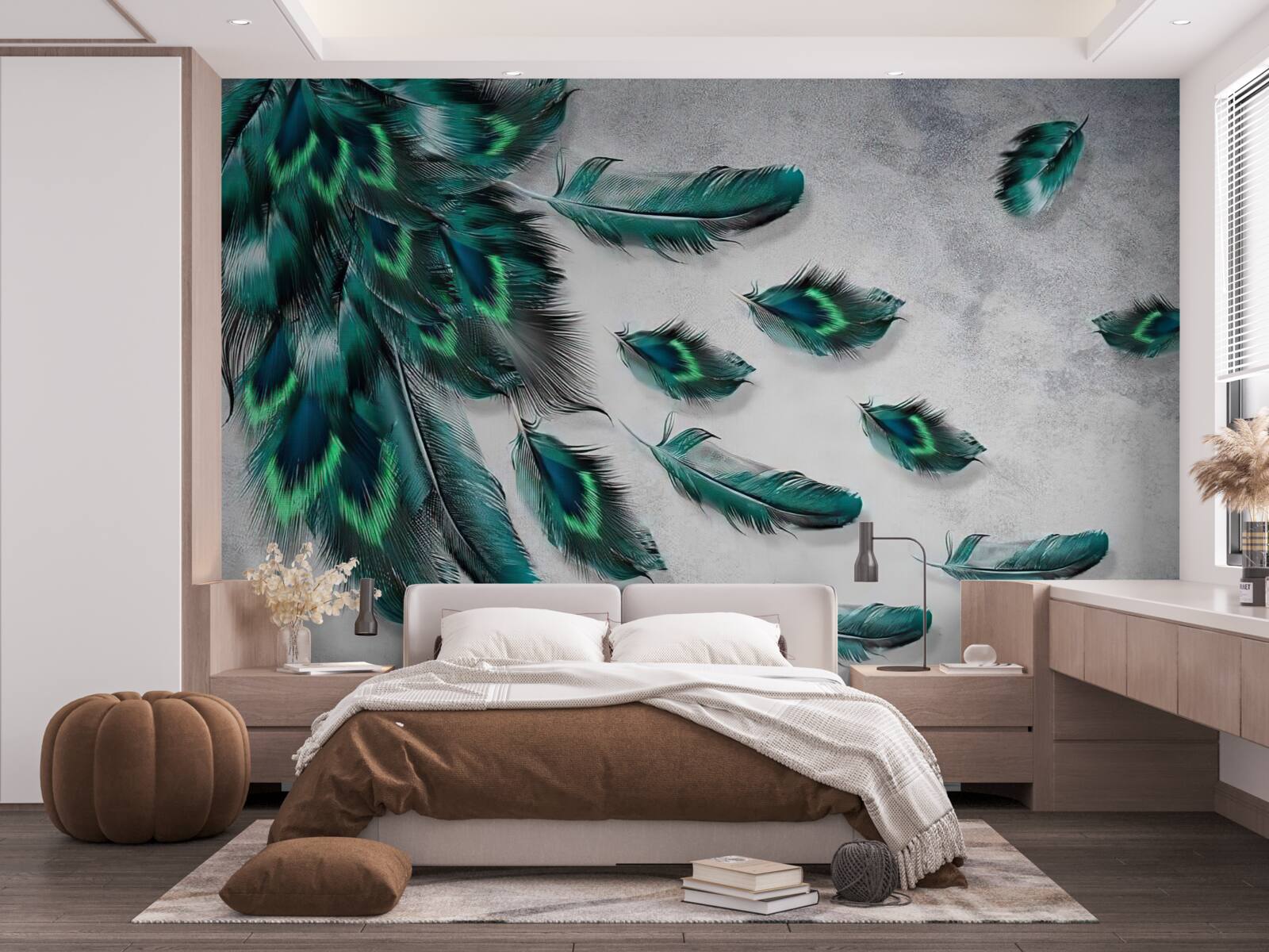 Fotobehang het water is bedekt met neerdalende smaragdgroene pauwenveren