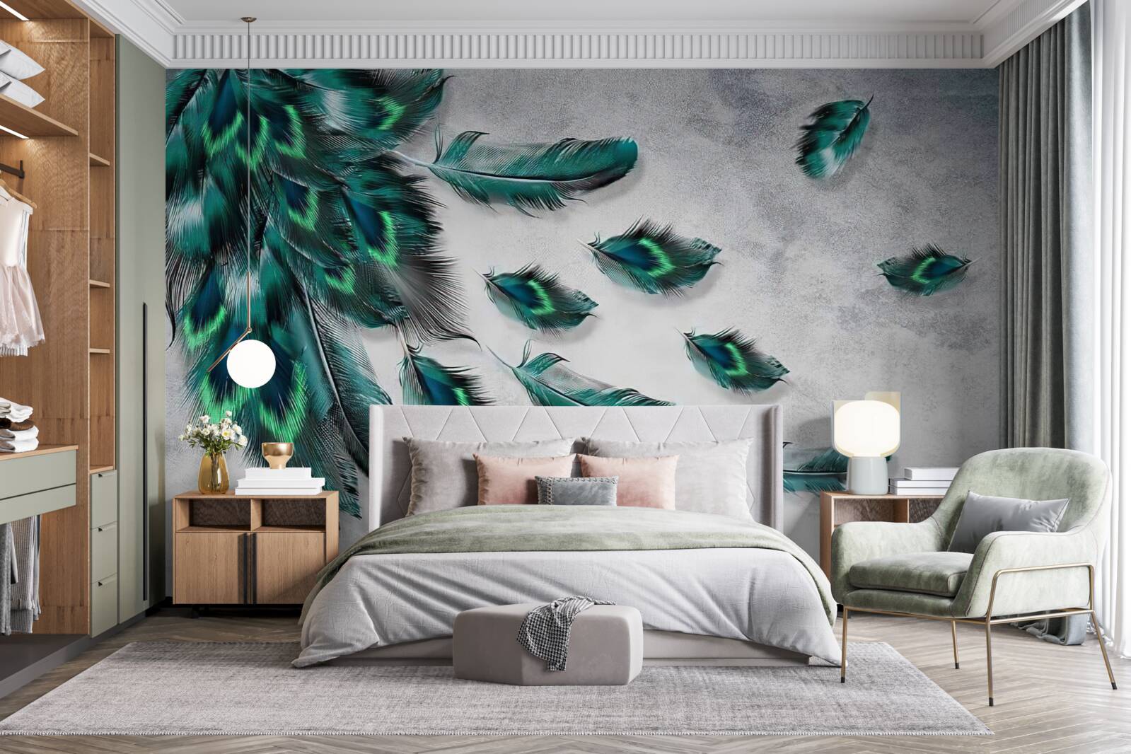 Fotobehang het water is bedekt met neerdalende smaragdgroene pauwenveren