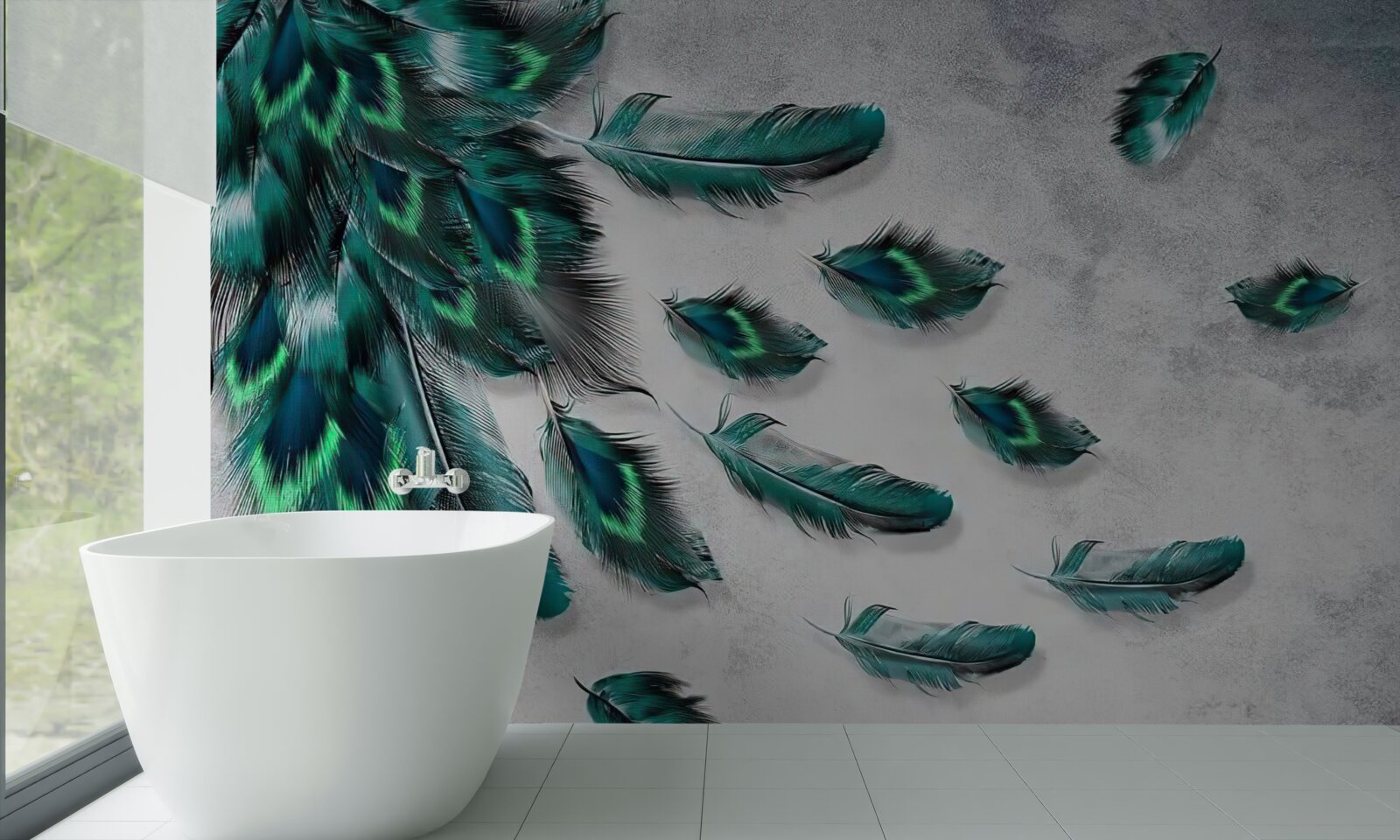 Fotobehang het water is bedekt met neerdalende smaragdgroene pauwenveren