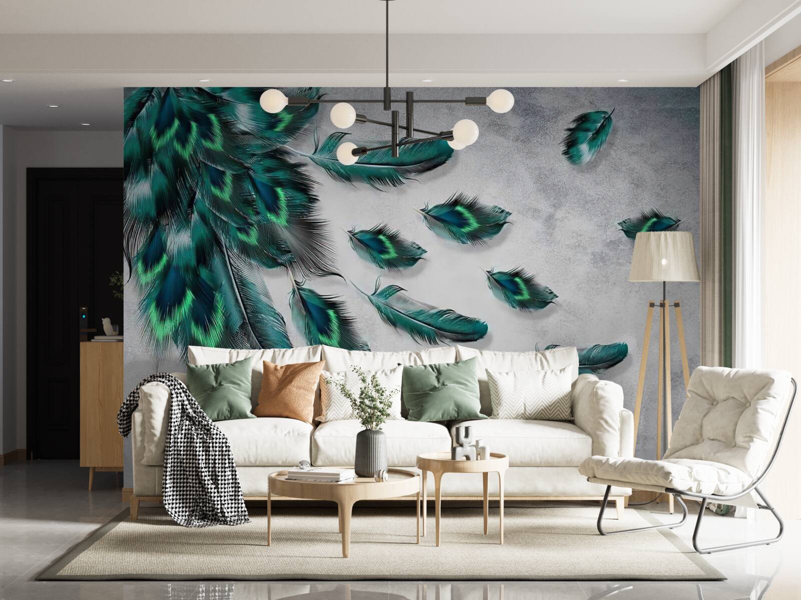 Fotobehang het water is bedekt met neerdalende smaragdgroene pauwenveren