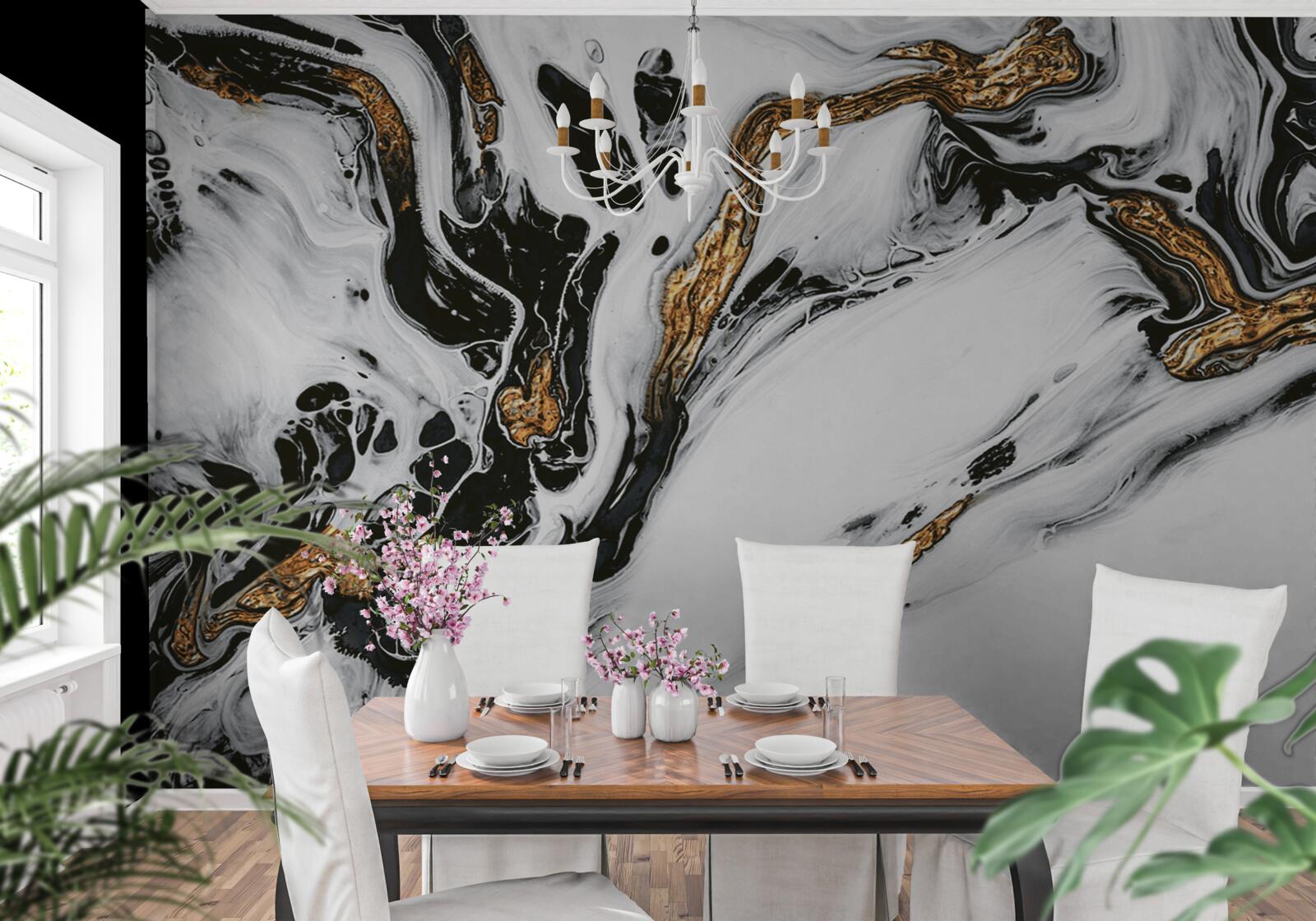 Fotobehang hellingen bedekt met sneeuw, met stenen in gouden licht