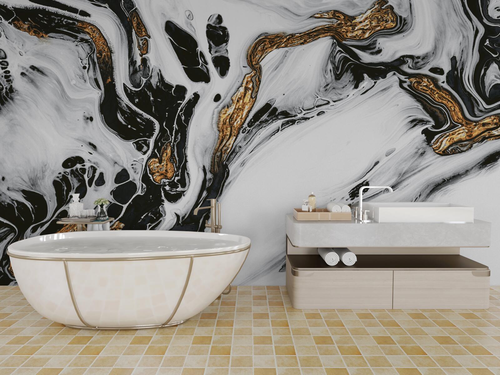 Fotobehang hellingen bedekt met sneeuw, met stenen in gouden licht