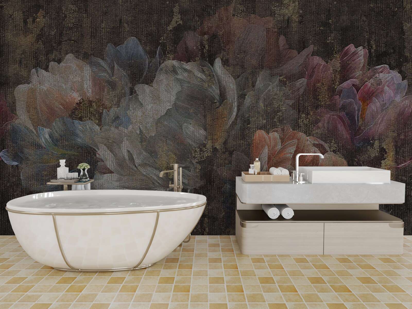 Fotobehang herfstbloemen in de stromende regen