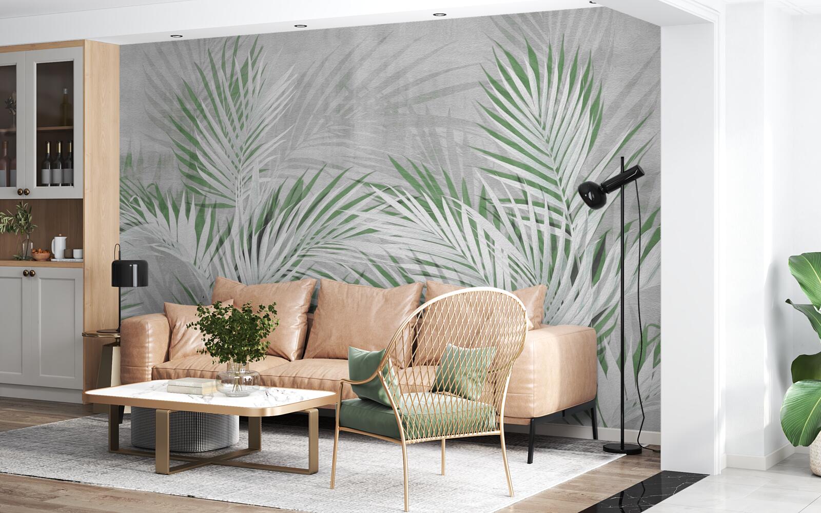 Fotobehang groene en witte bladeren van een weelderige varen