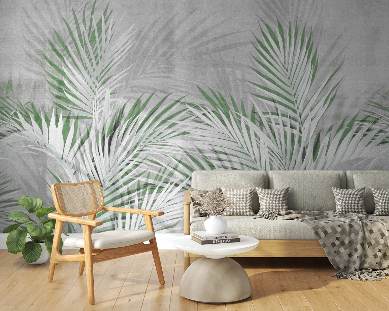 Fotobehang groene en witte bladeren van een weelderige varen