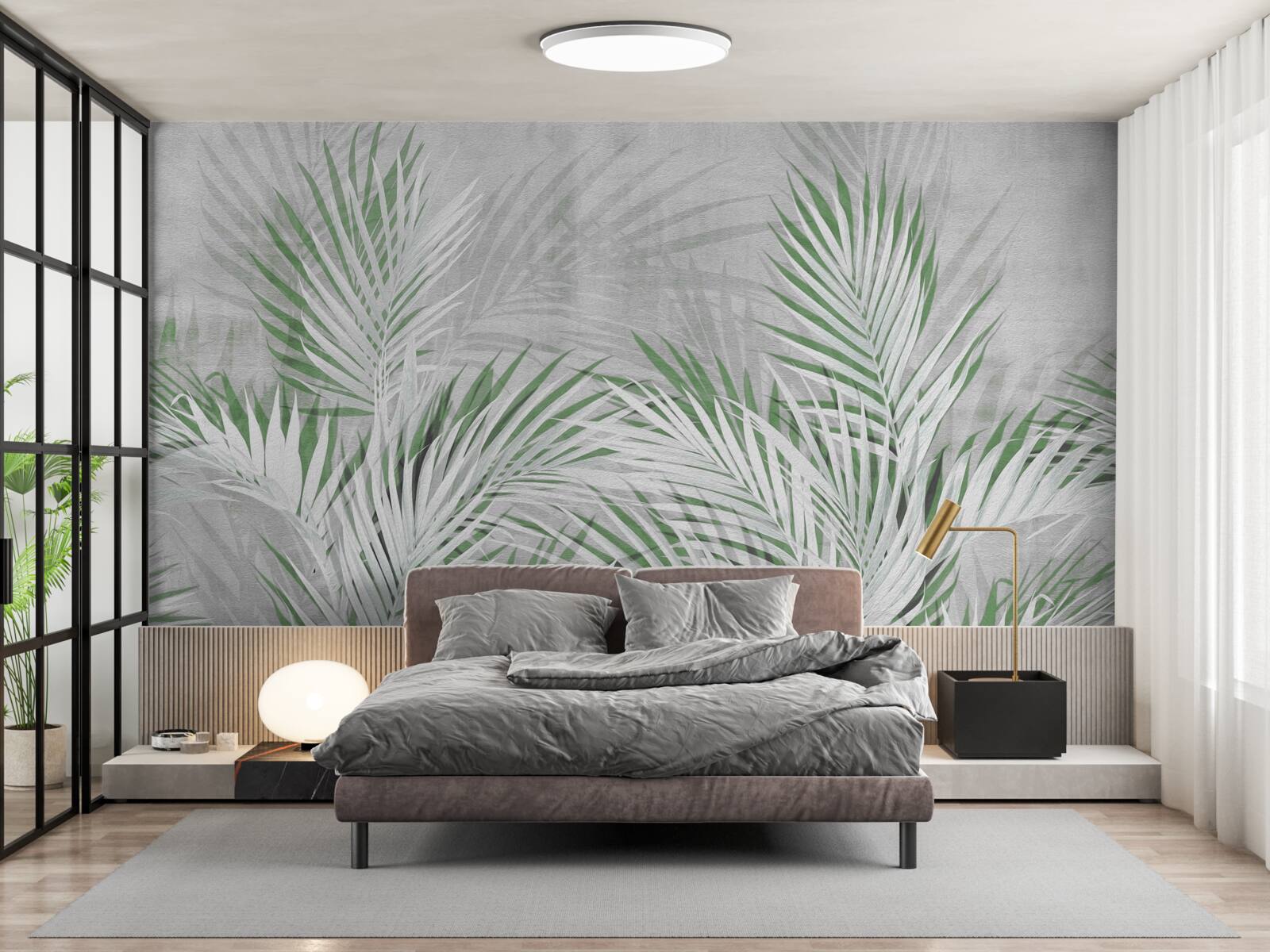 Fotobehang groene en witte bladeren van een weelderige varen