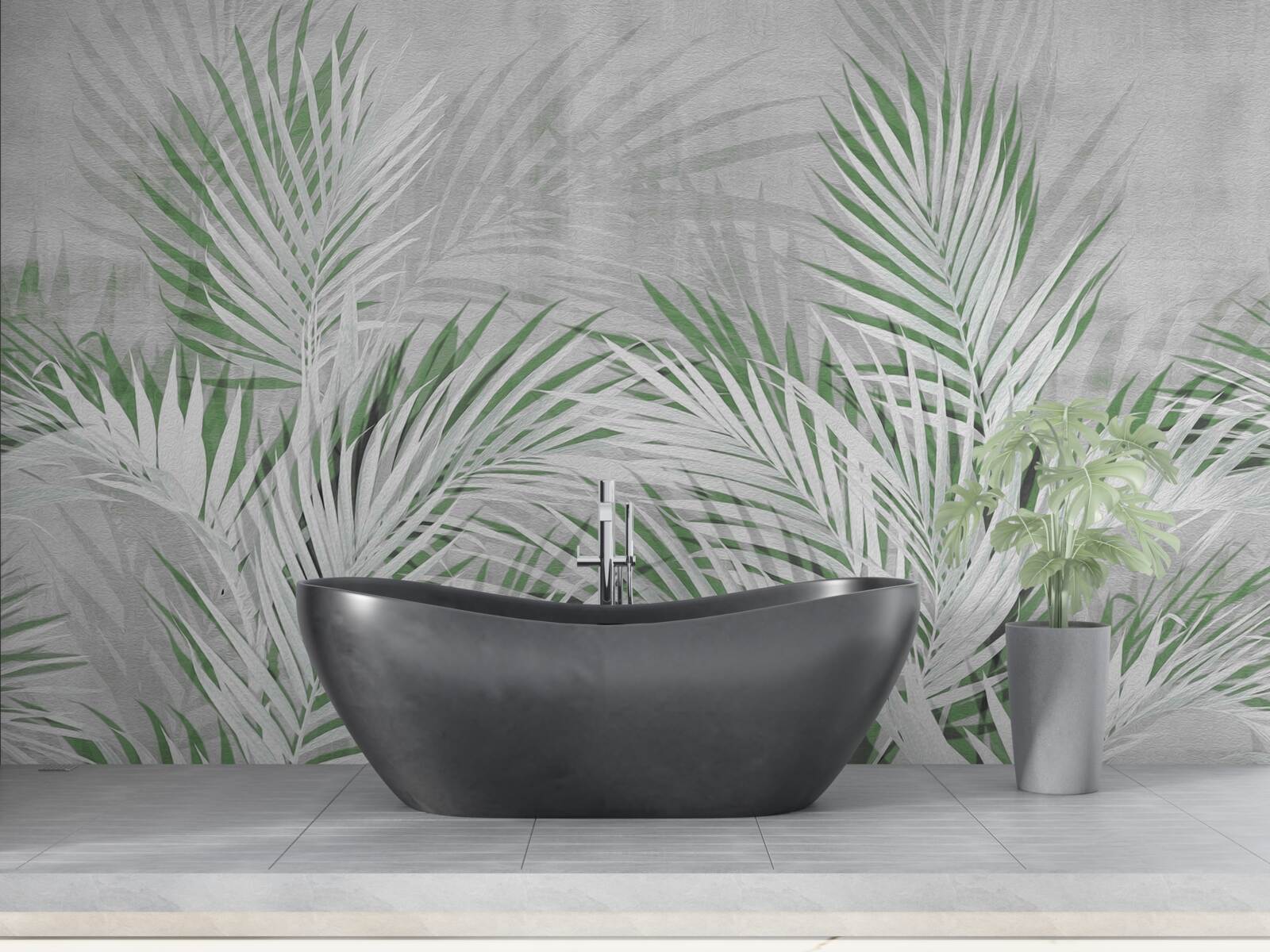 Fotobehang groene en witte bladeren van een weelderige varen