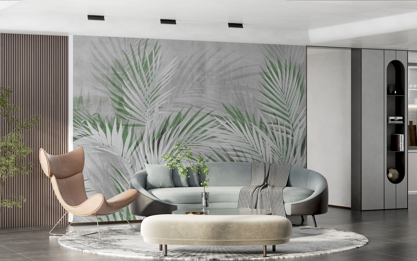 Fotobehang groene en witte bladeren van een weelderige varen