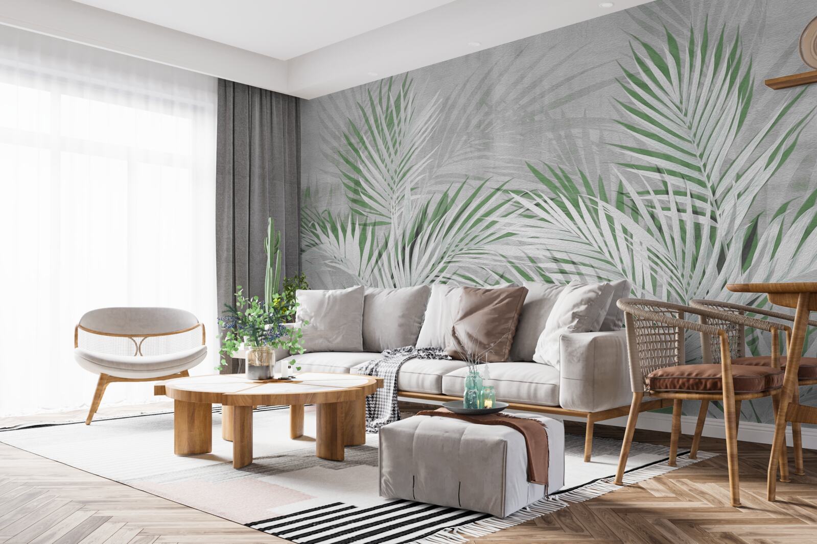 Fotobehang groene en witte bladeren van een weelderige varen