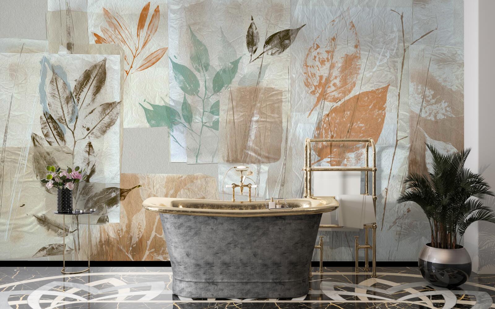 Fotobehang bloemen en bladeren onthullen met verf