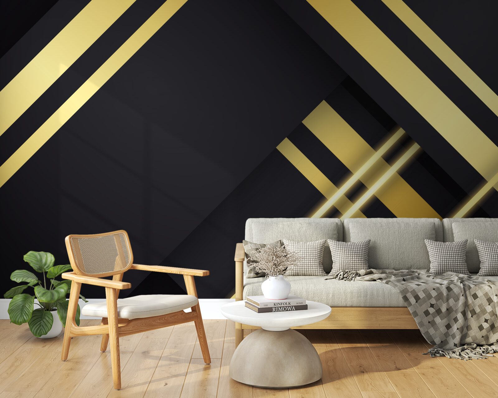 Fotobehang gouden rechte lijnen op een zwarte achtergrond