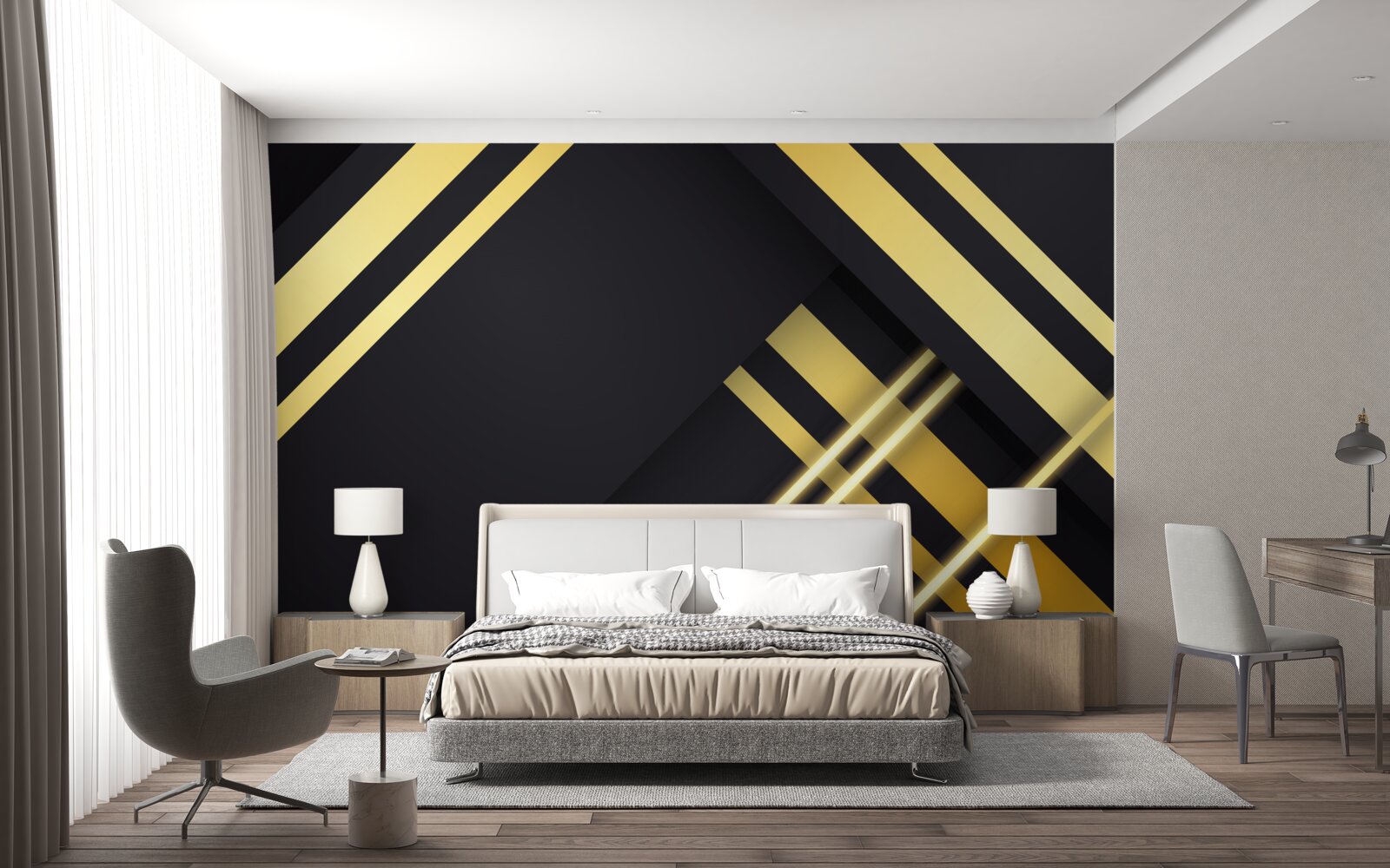 Fotobehang gouden rechte lijnen op een zwarte achtergrond