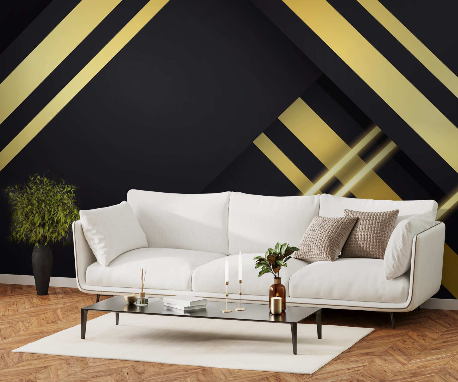 Fotobehang gouden rechte lijnen op een zwarte achtergrond