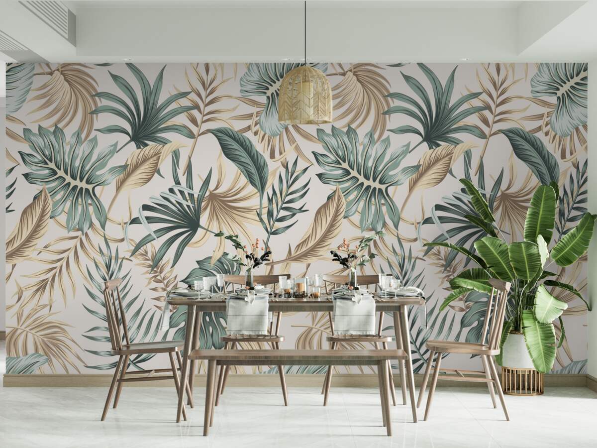 Fotobehang junglebladeren in groen- en goudtinten