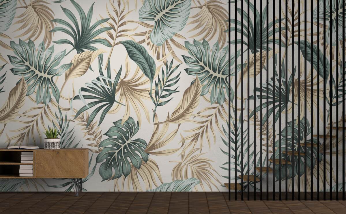 Fotobehang junglebladeren in groen- en goudtinten