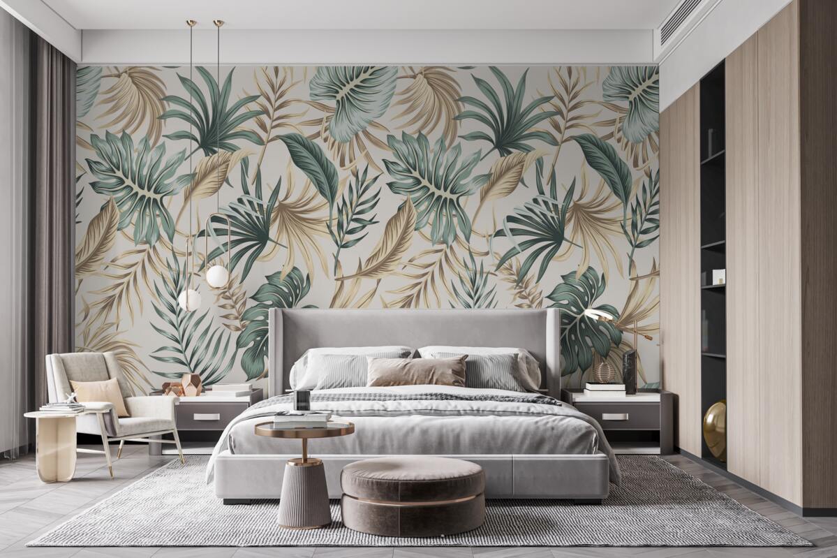 Fotobehang junglebladeren in groen- en goudtinten