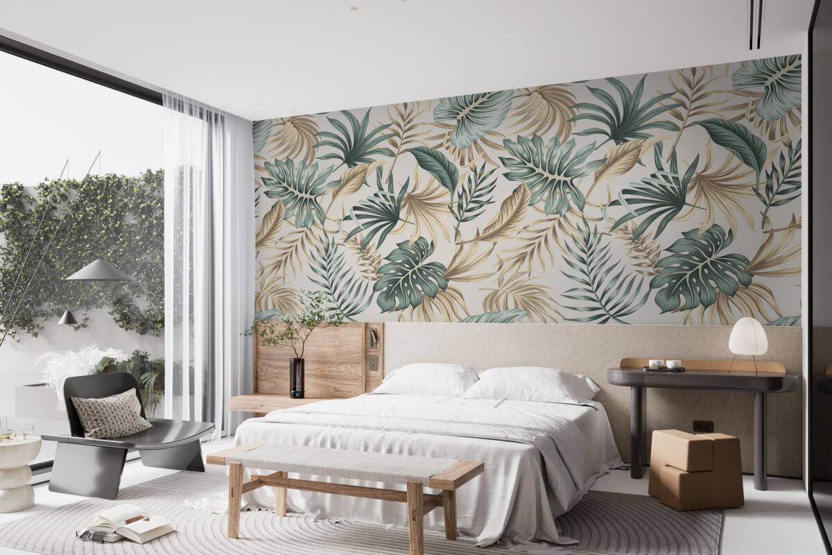 Fotobehang junglebladeren in groen- en goudtinten