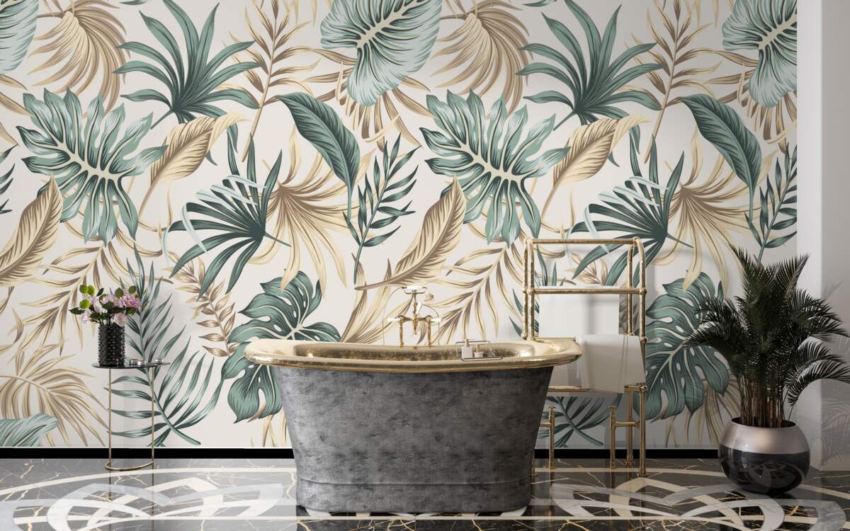 Fotobehang junglebladeren in groen- en goudtinten