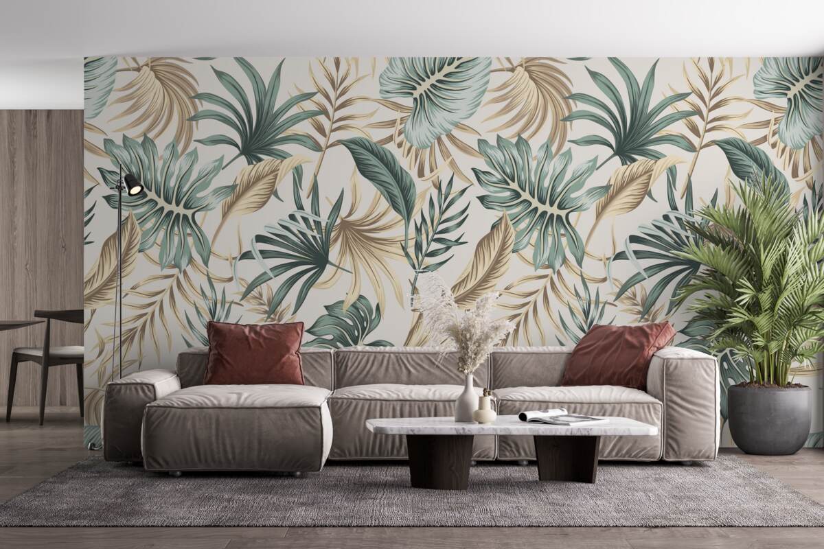 Fotobehang junglebladeren in groen- en goudtinten