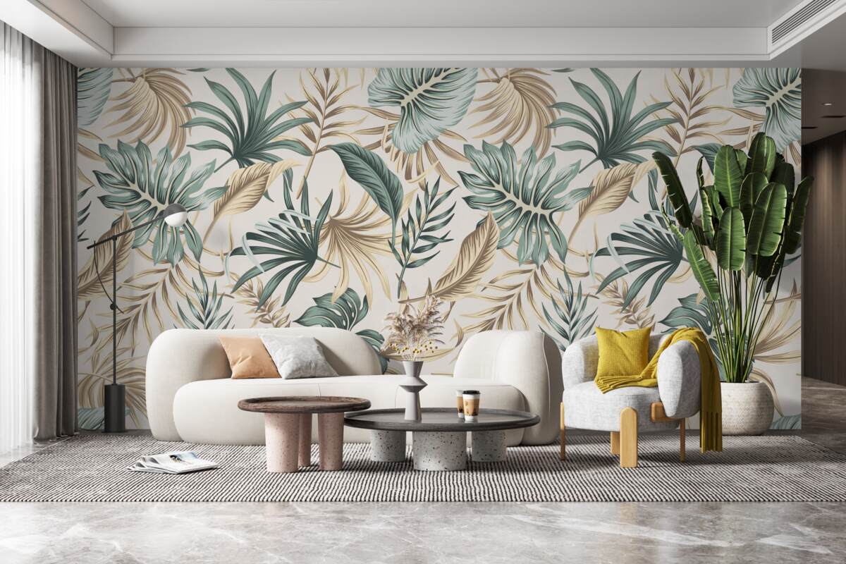 Fotobehang junglebladeren in groen- en goudtinten