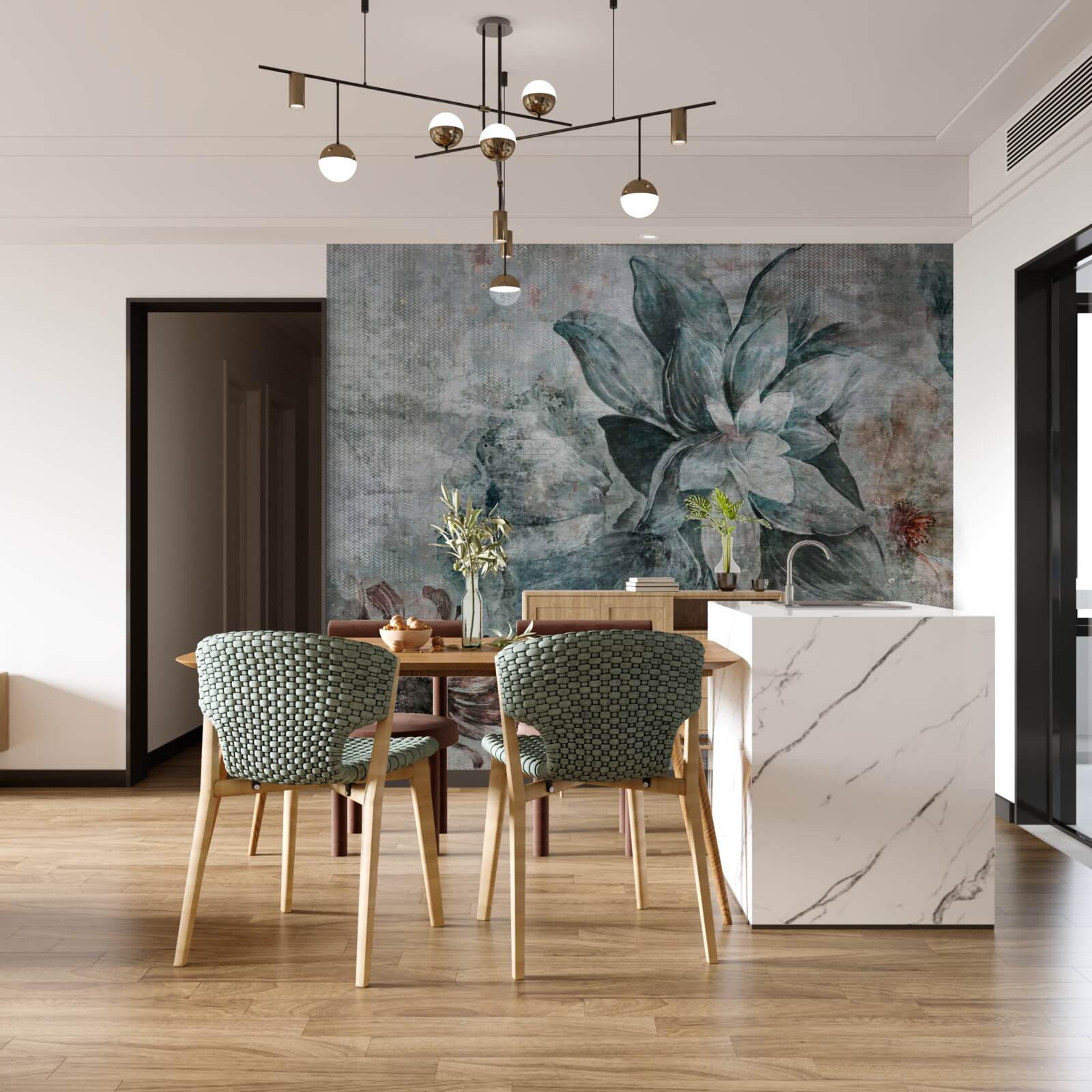 Fotobehang wit-blauwe bloem op onscherpe achtergrond