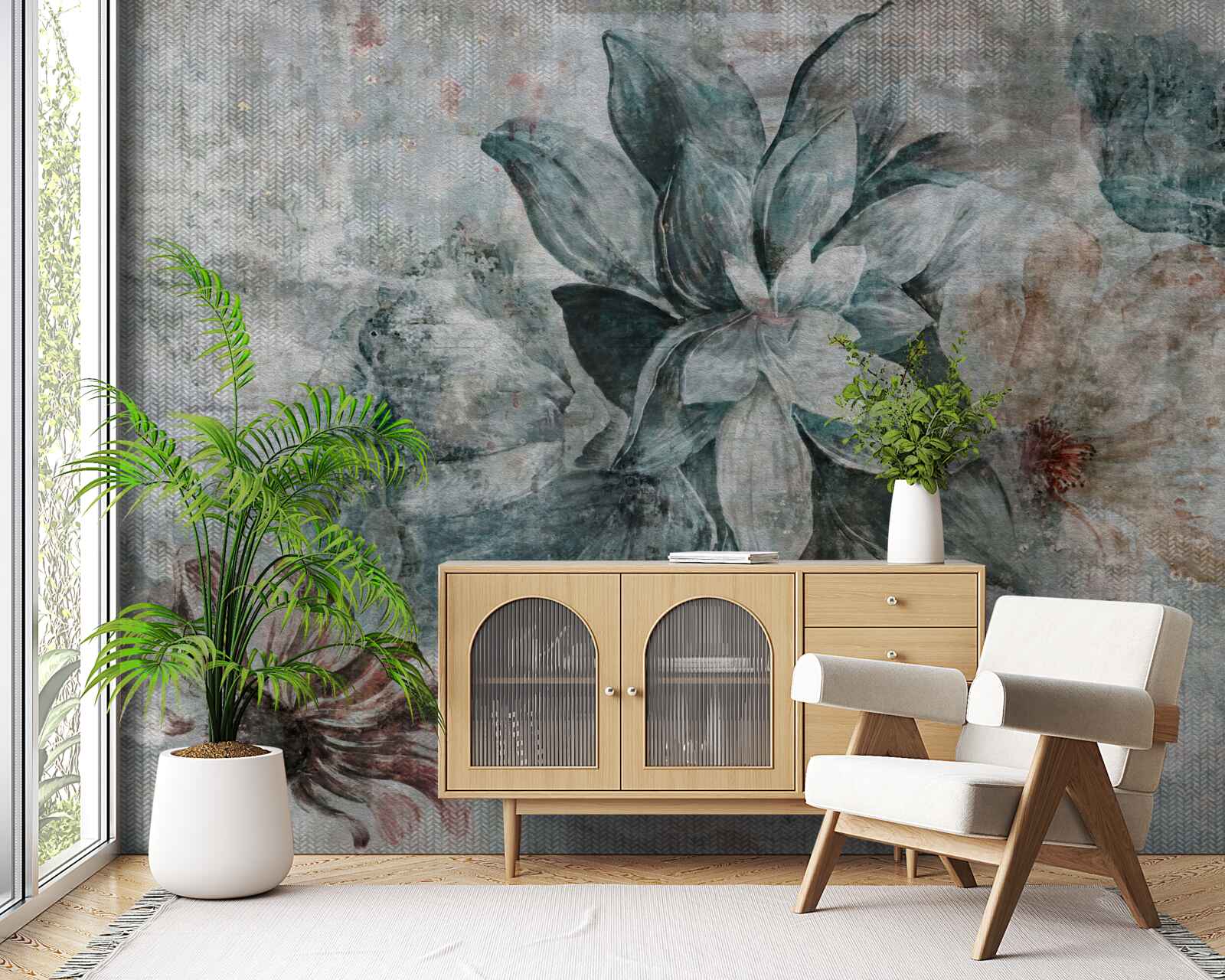 Fotobehang wit-blauwe bloem op onscherpe achtergrond