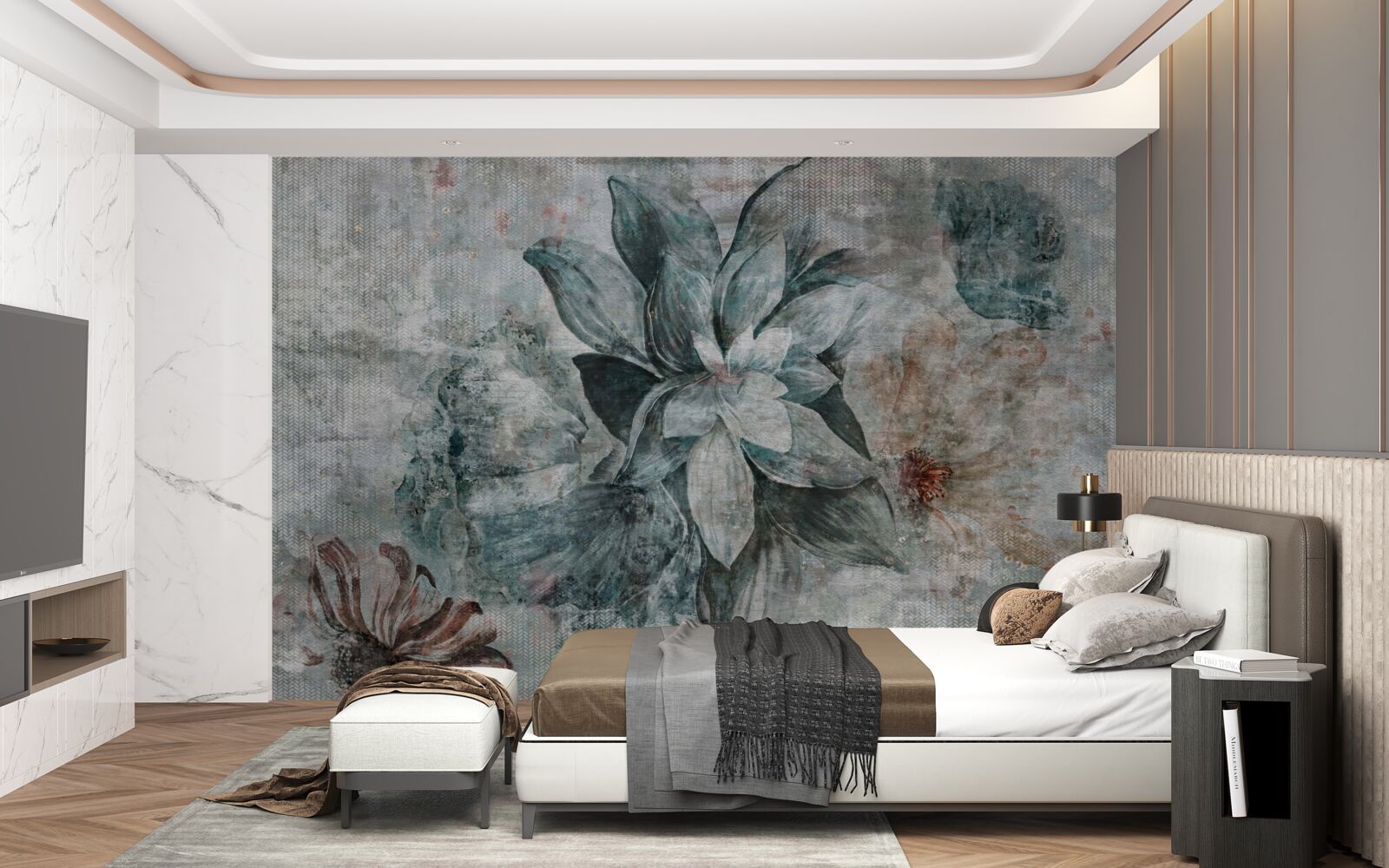 Fotobehang wit-blauwe bloem op onscherpe achtergrond