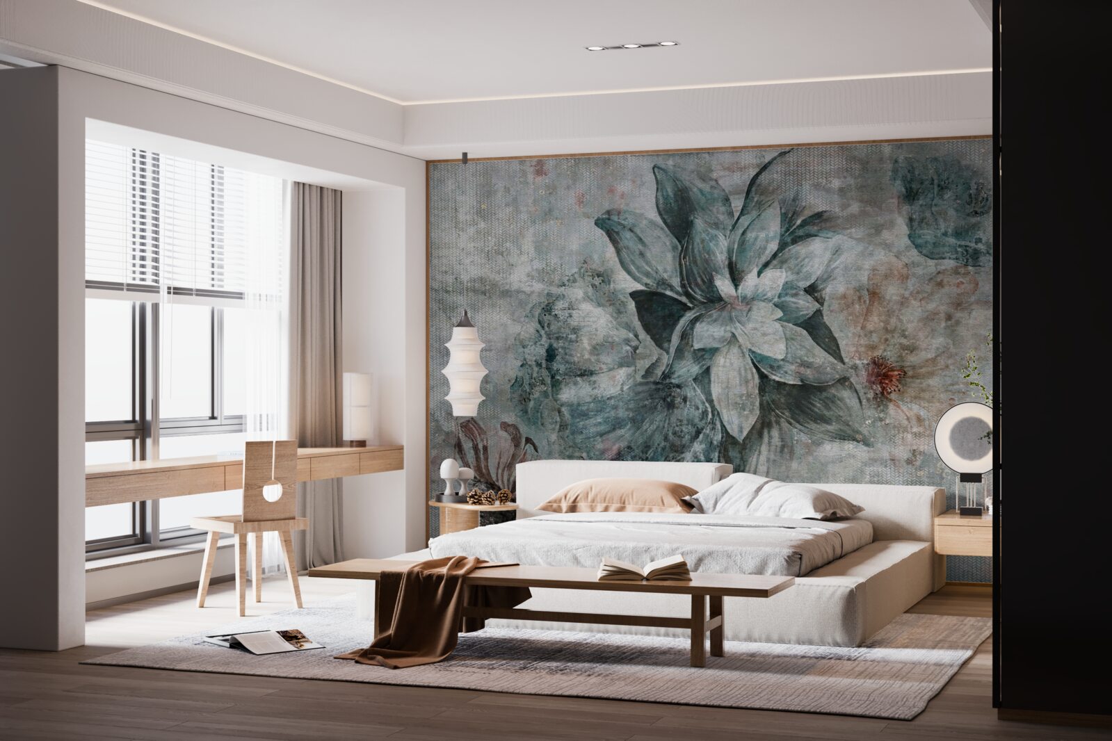 Fotobehang wit-blauwe bloem op onscherpe achtergrond