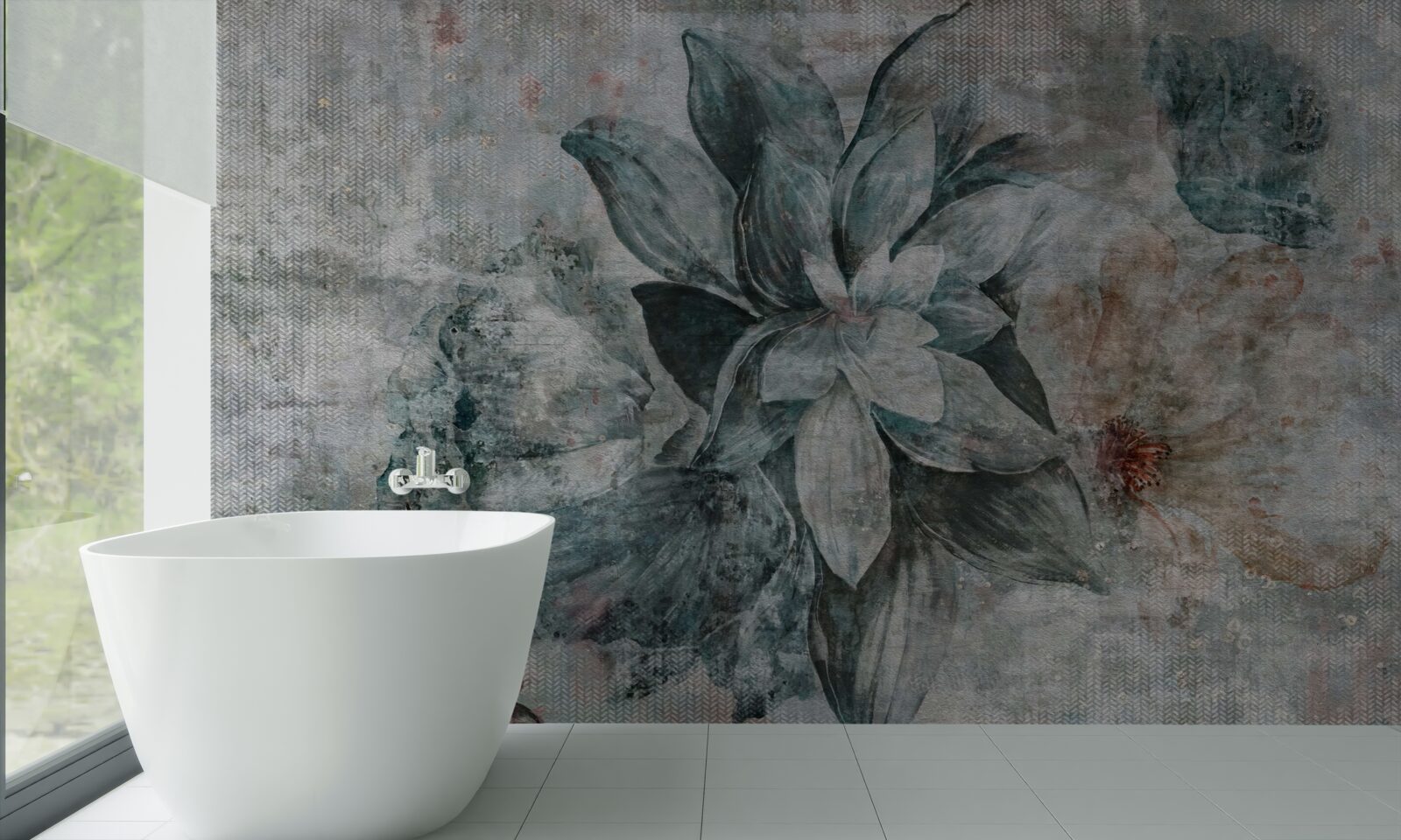 Fotobehang wit-blauwe bloem op onscherpe achtergrond