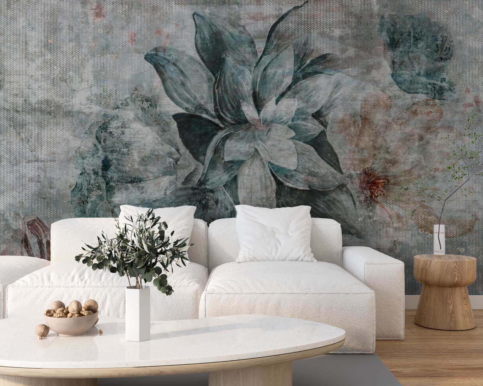 Fotobehang wit-blauwe bloem op onscherpe achtergrond