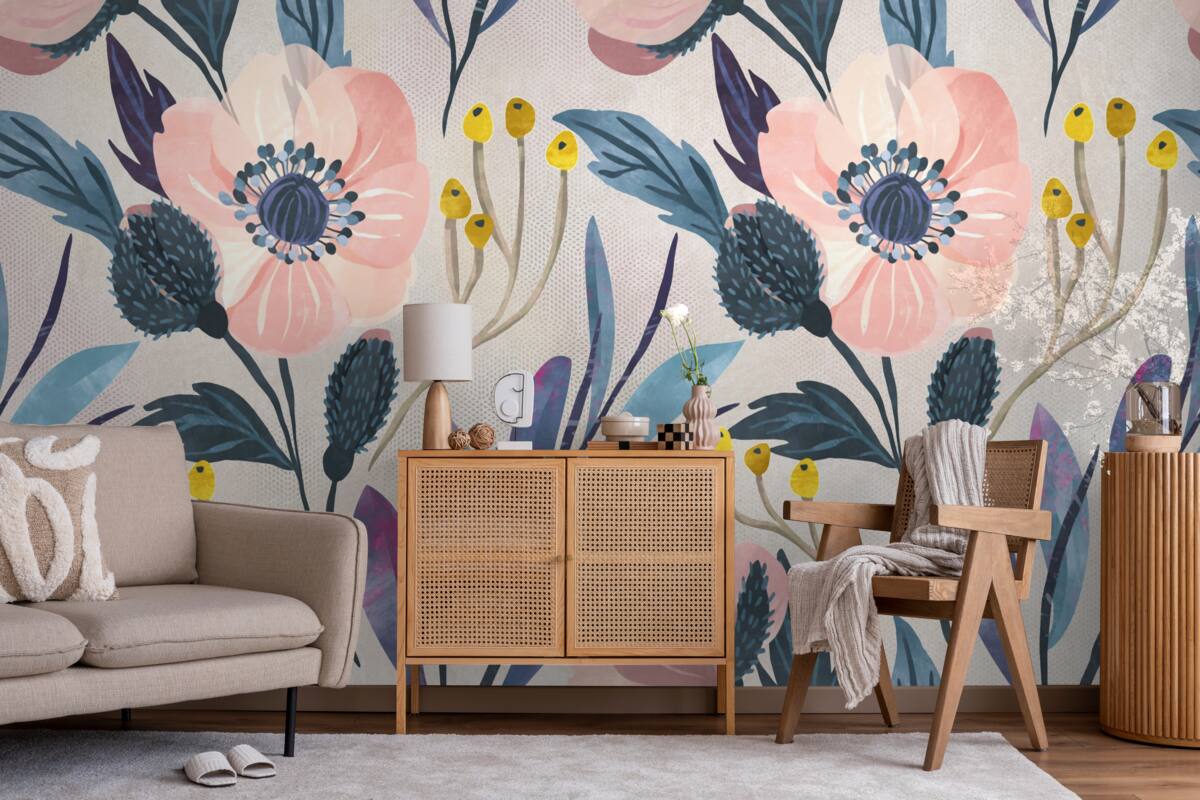 Fotobehang roze klaprozen tussen de bladeren