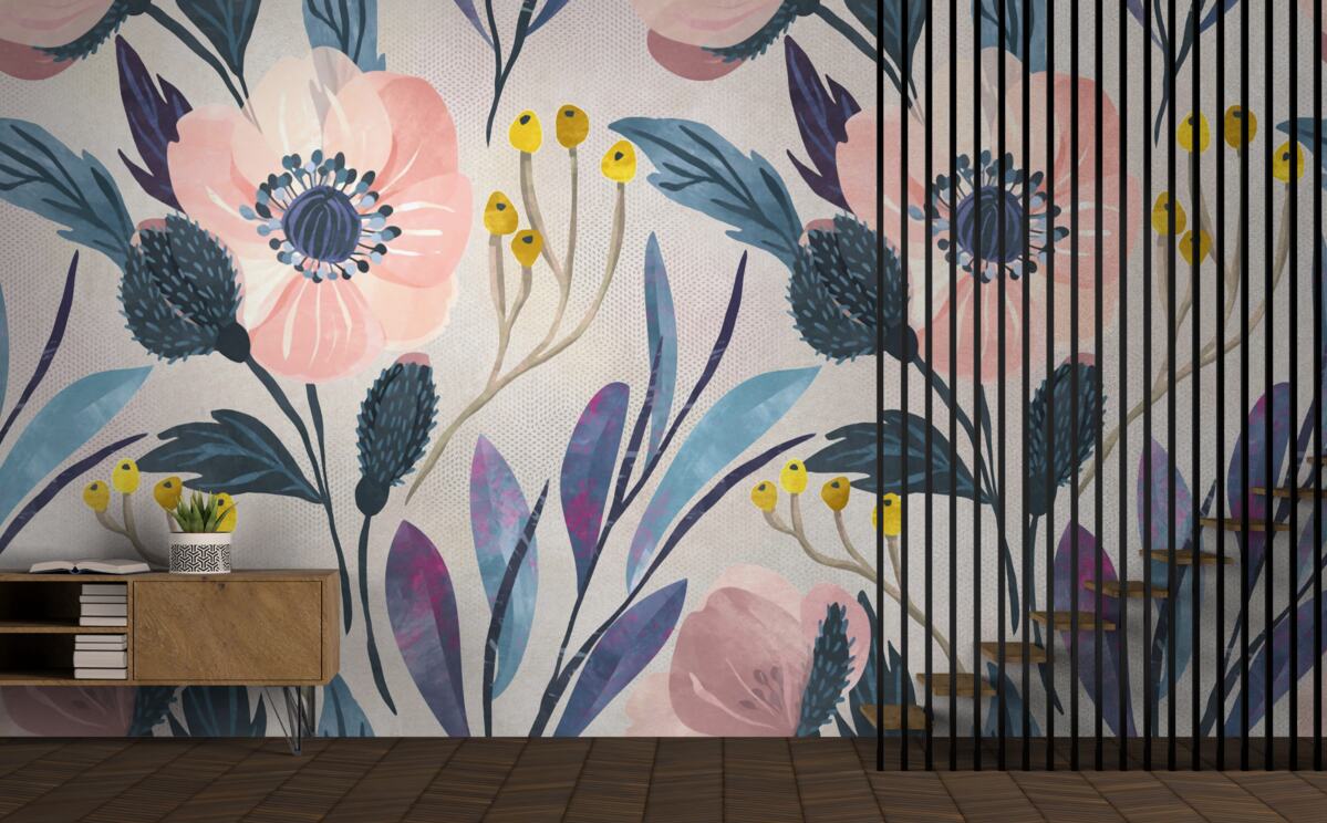 Fotobehang roze klaprozen tussen de bladeren