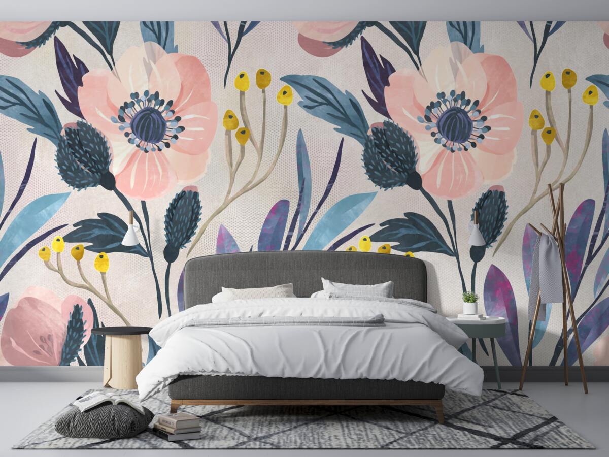 Fotobehang roze klaprozen tussen de bladeren